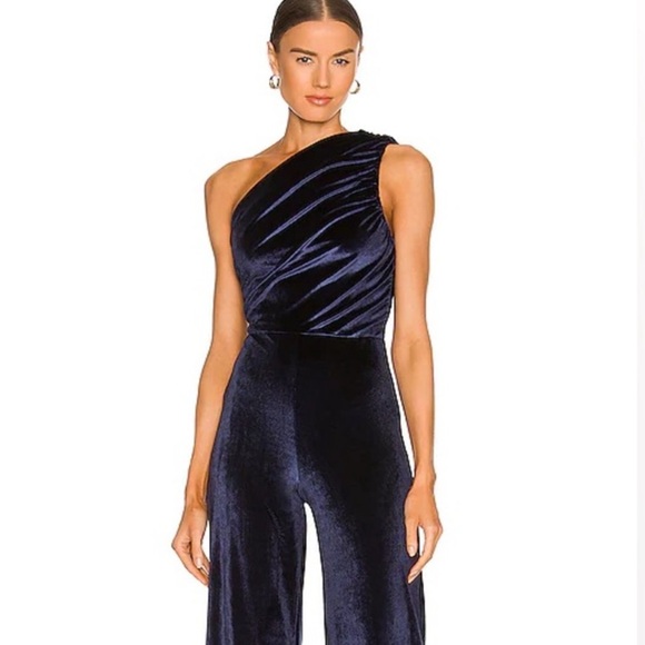 House of Harlow 1960 Revolve Navy Blue Velvet One Shoulder Jumpsuit size S - Picture 2 of 4
